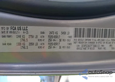 2015 Dodge Journey Sxt из США, поврежденный, VIN 3C4PDCBG7FT686113